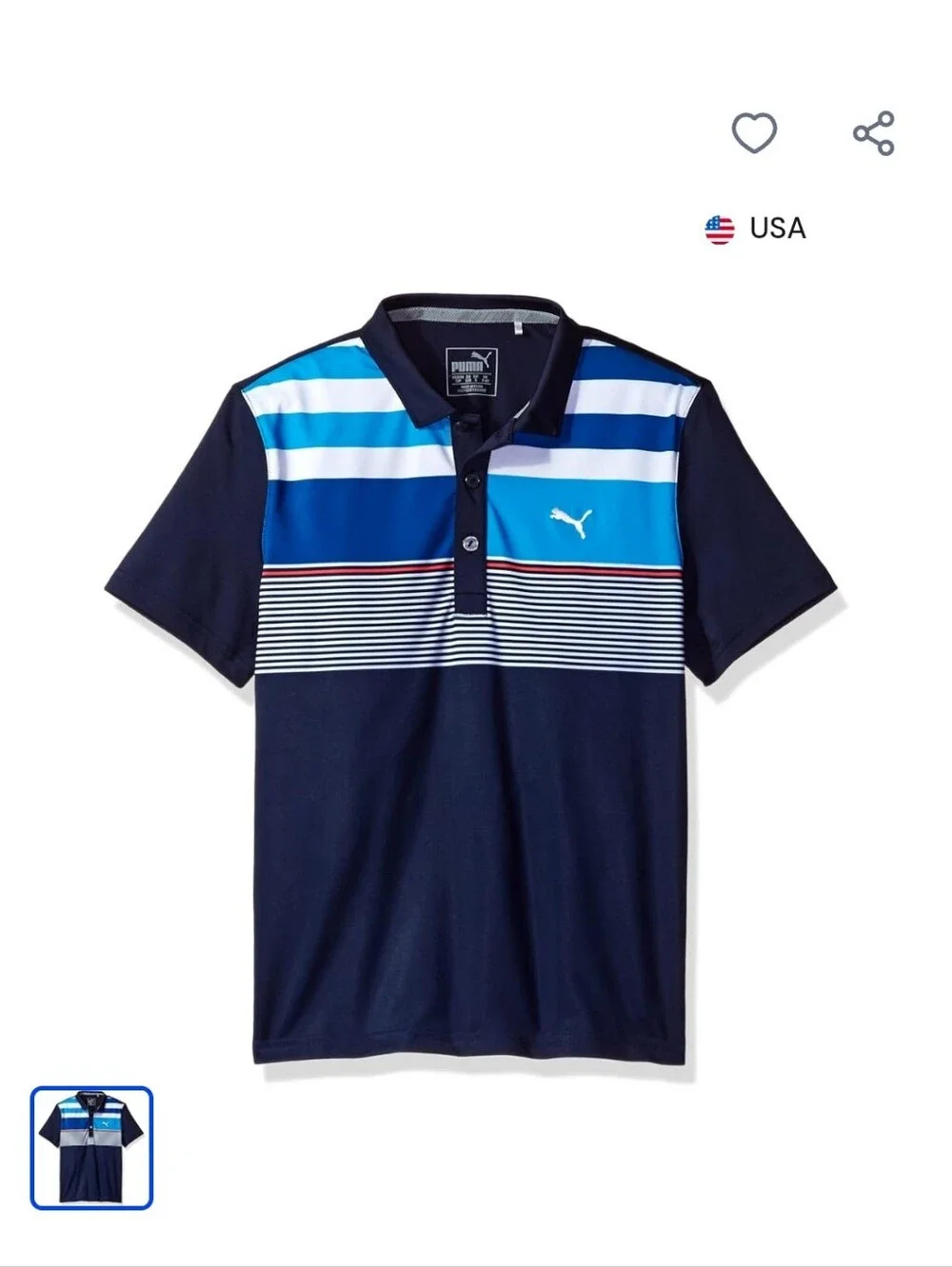 Puma Boys Navy Blue & Light Blue Striped Polo Sz 14 Yrs Old , check measurements